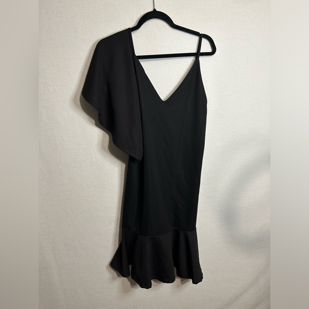 Zara Womens small Black One Shoulder Ruffed Hem Sheath Cocktail Sheath Dress ZZ